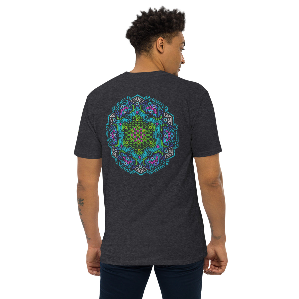 Neural Star Tree premium heavyweight t-shirt in Charcoal Heather, back view: the Neural Program mandala across the back