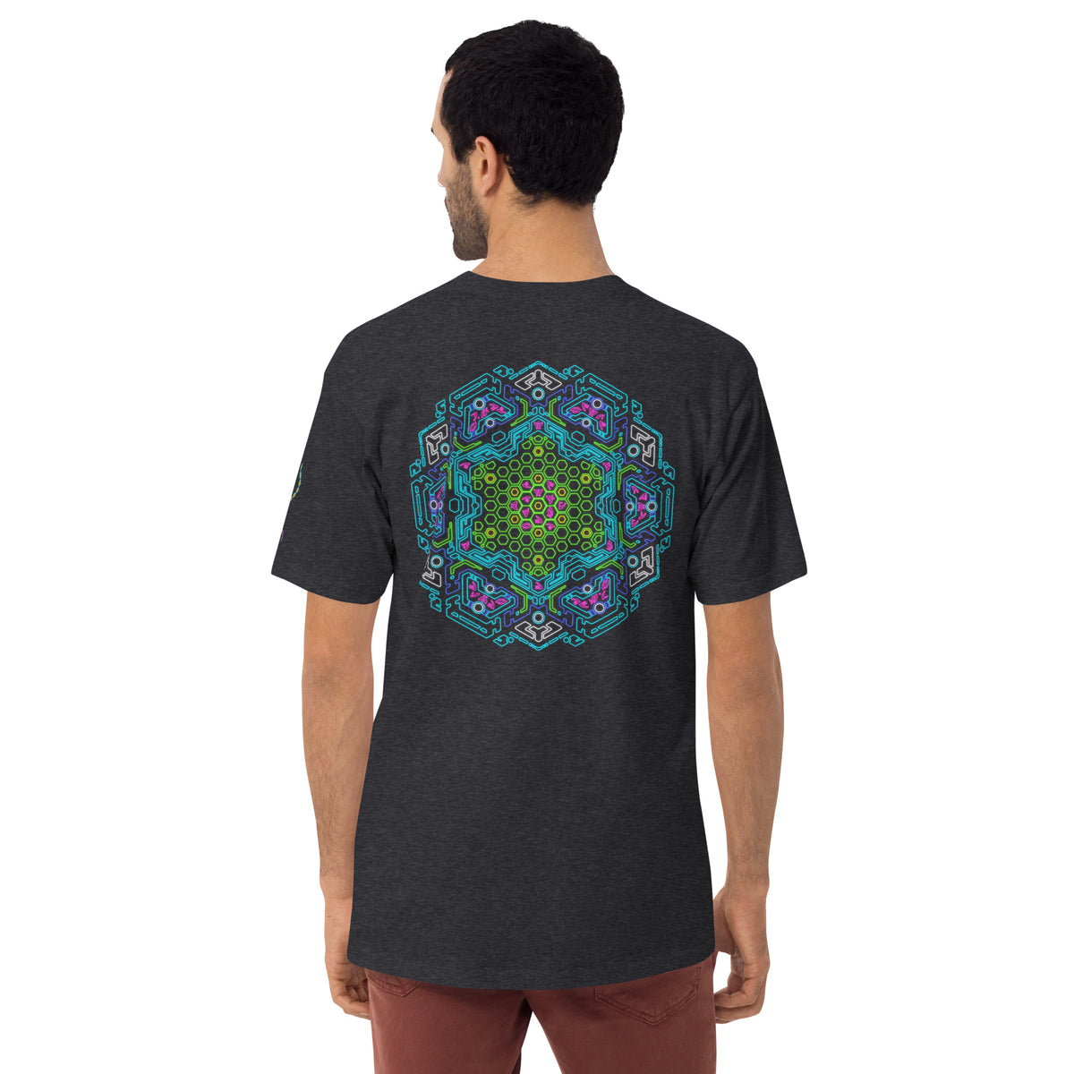 Neural Star Tree premium heavyweight t-shirt in Charcoal Heather, back view: the Neural Program mandala across the back