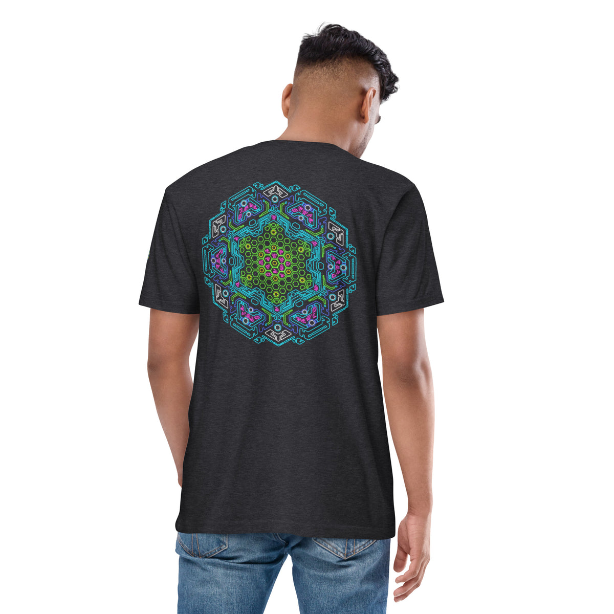 Neural Star Tree premium heavyweight t-shirt in Charcoal Heather, back view: the Neural Program mandala across the back