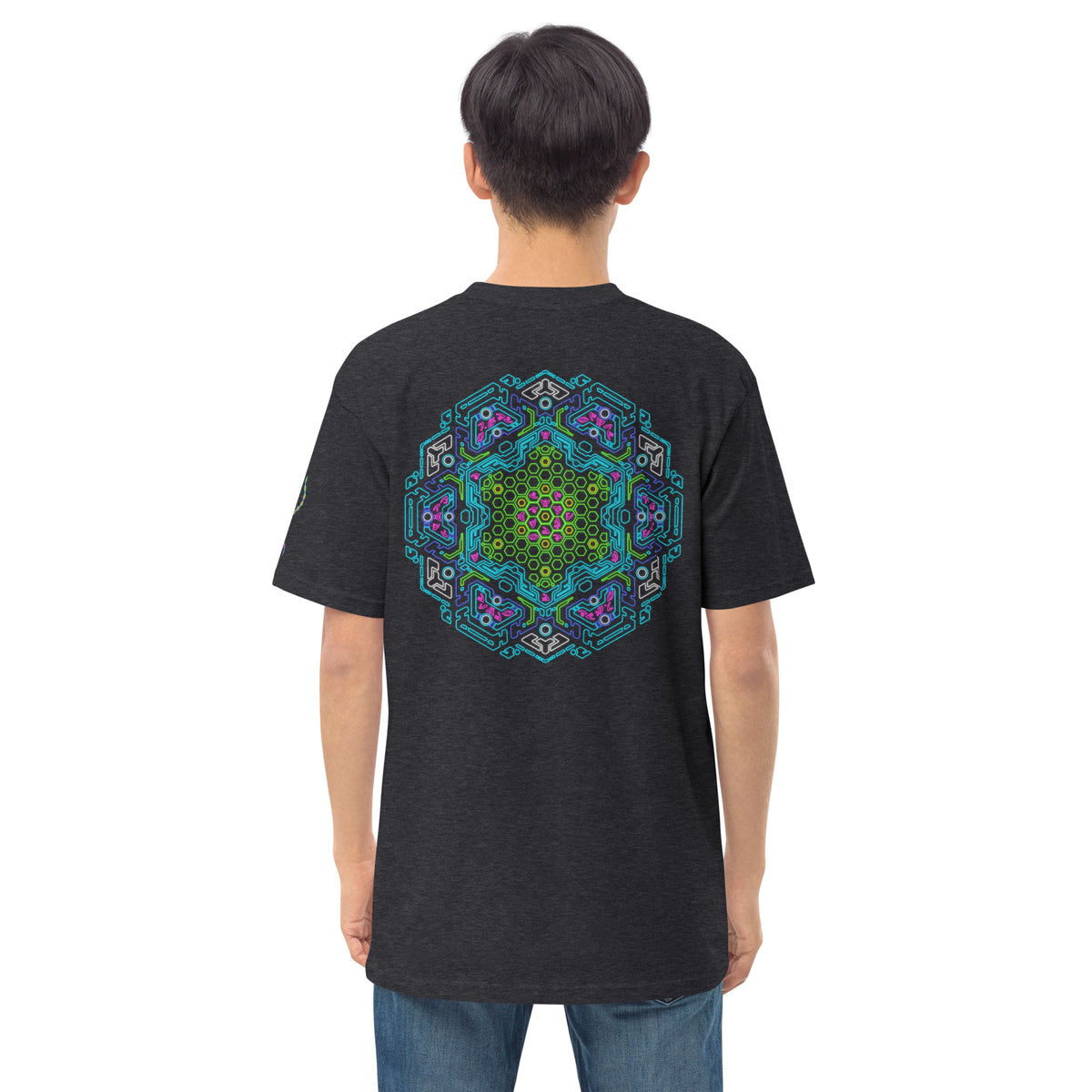 Neural Star Tree premium heavyweight t-shirt in Charcoal Heather, back view: the Neural Program mandala across the back