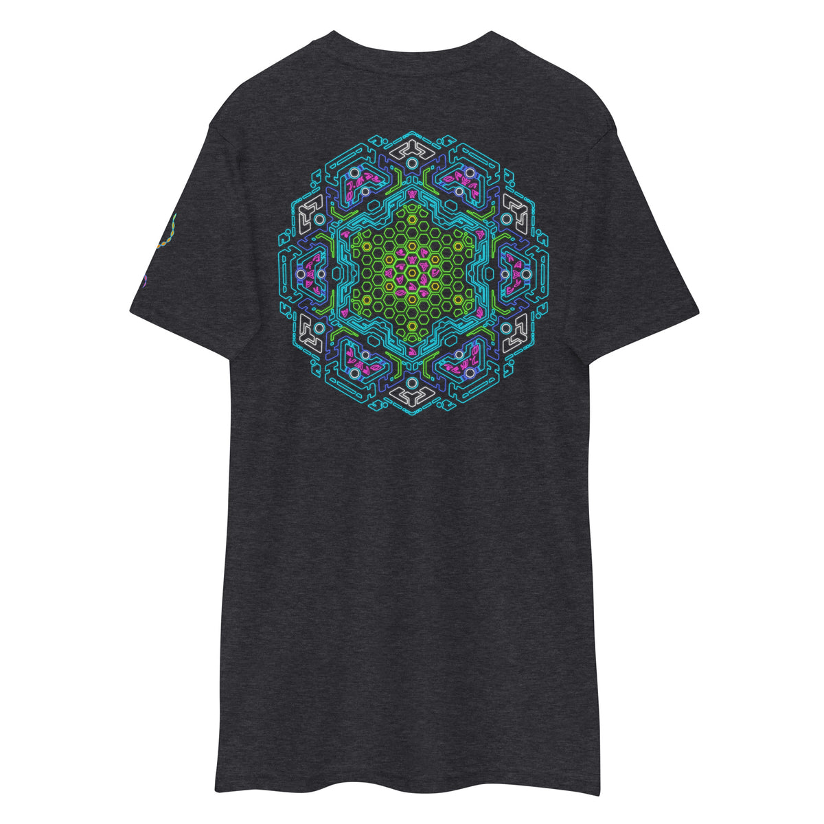 Neural Star Tree premium heavyweight t-shirt in Charcoal Heather, back view: the Neural Program mandala across the back