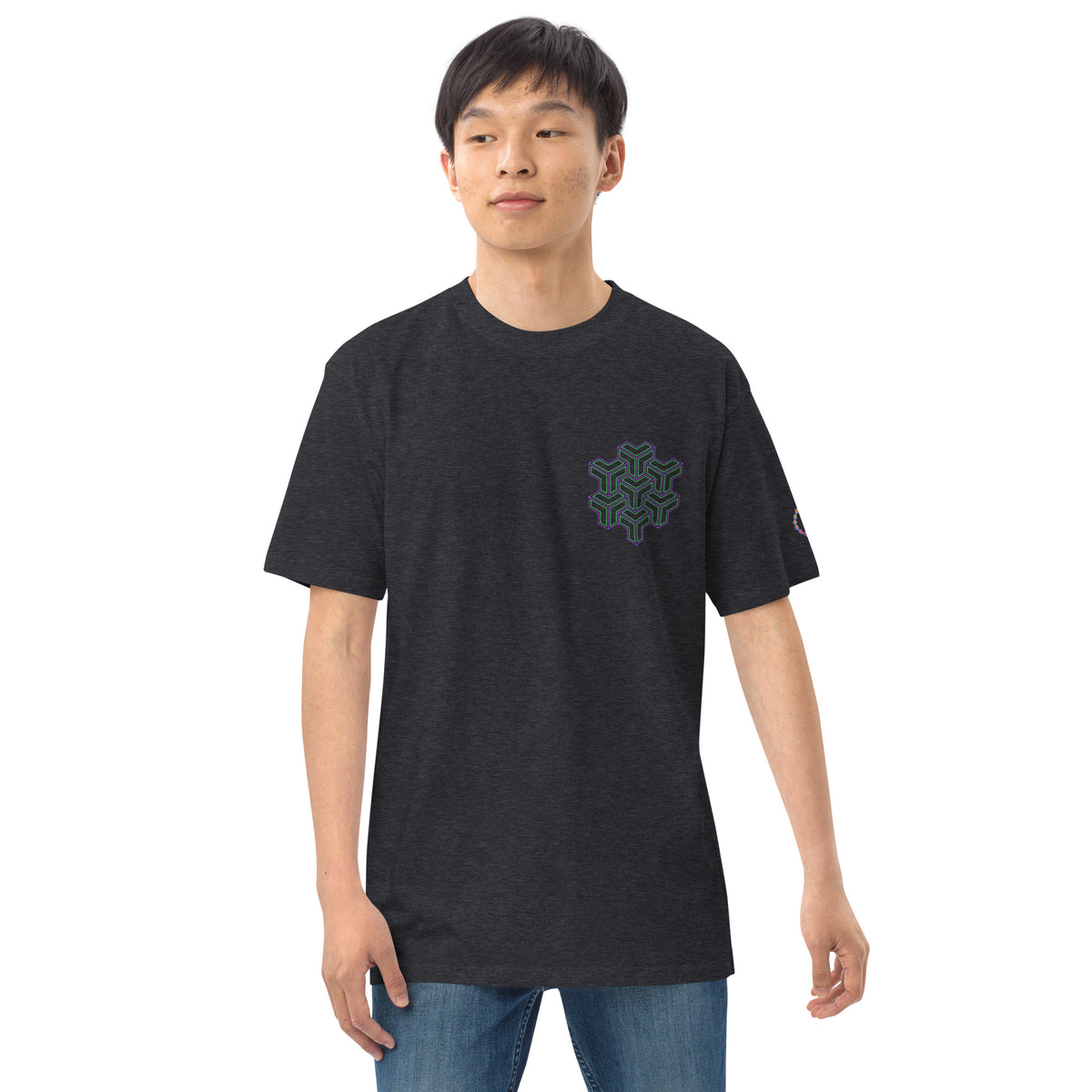 Neural Star Tree premium heavyweight t-shirt in Charcoal Heather, front view on a model: TreeStar small on the left chest