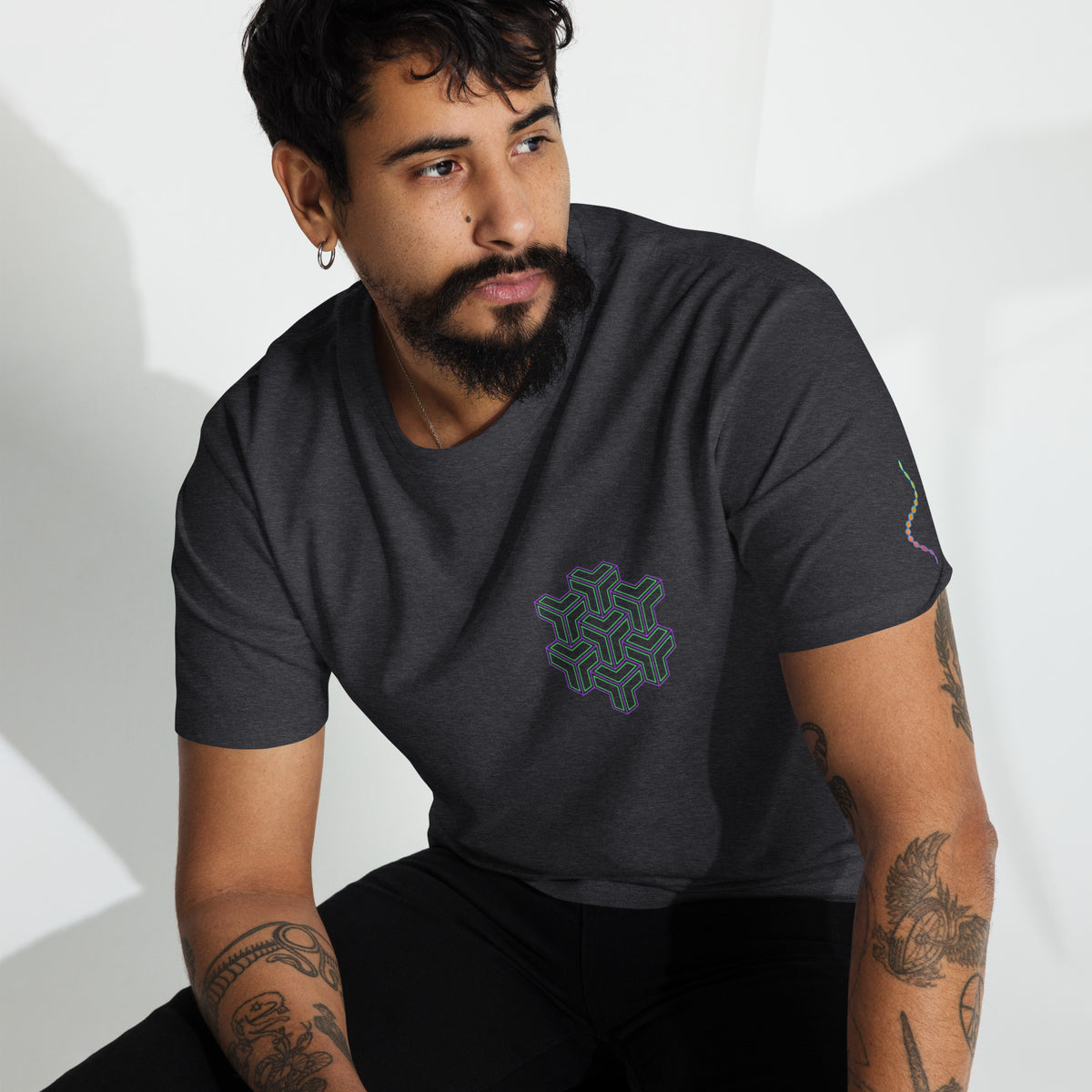 Neural Star Tree premium heavyweight t-shirt in Charcoal Heather, front view: TreeStar small on the left chest