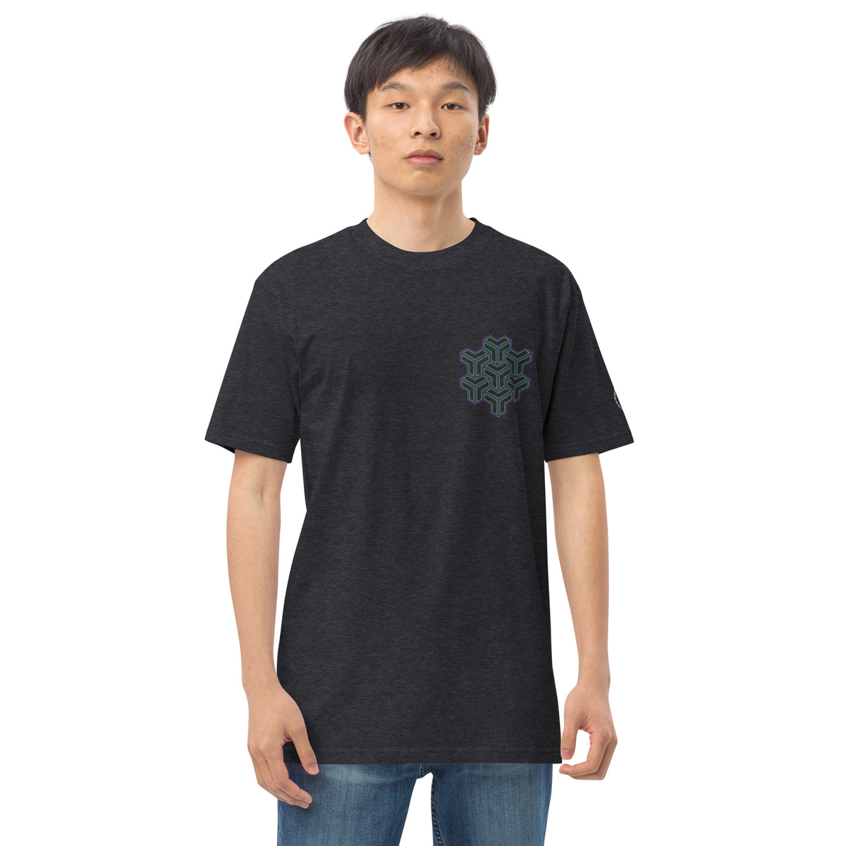 Neural Star Tree premium heavyweight t-shirt in Charcoal Heather, front view: TreeStar small on the left chest