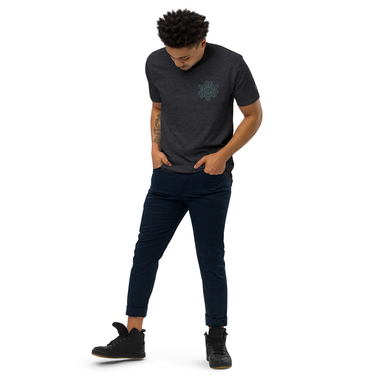 Neural Star Tree premium heavyweight t-shirt in Charcoal Heather, left front view on a model