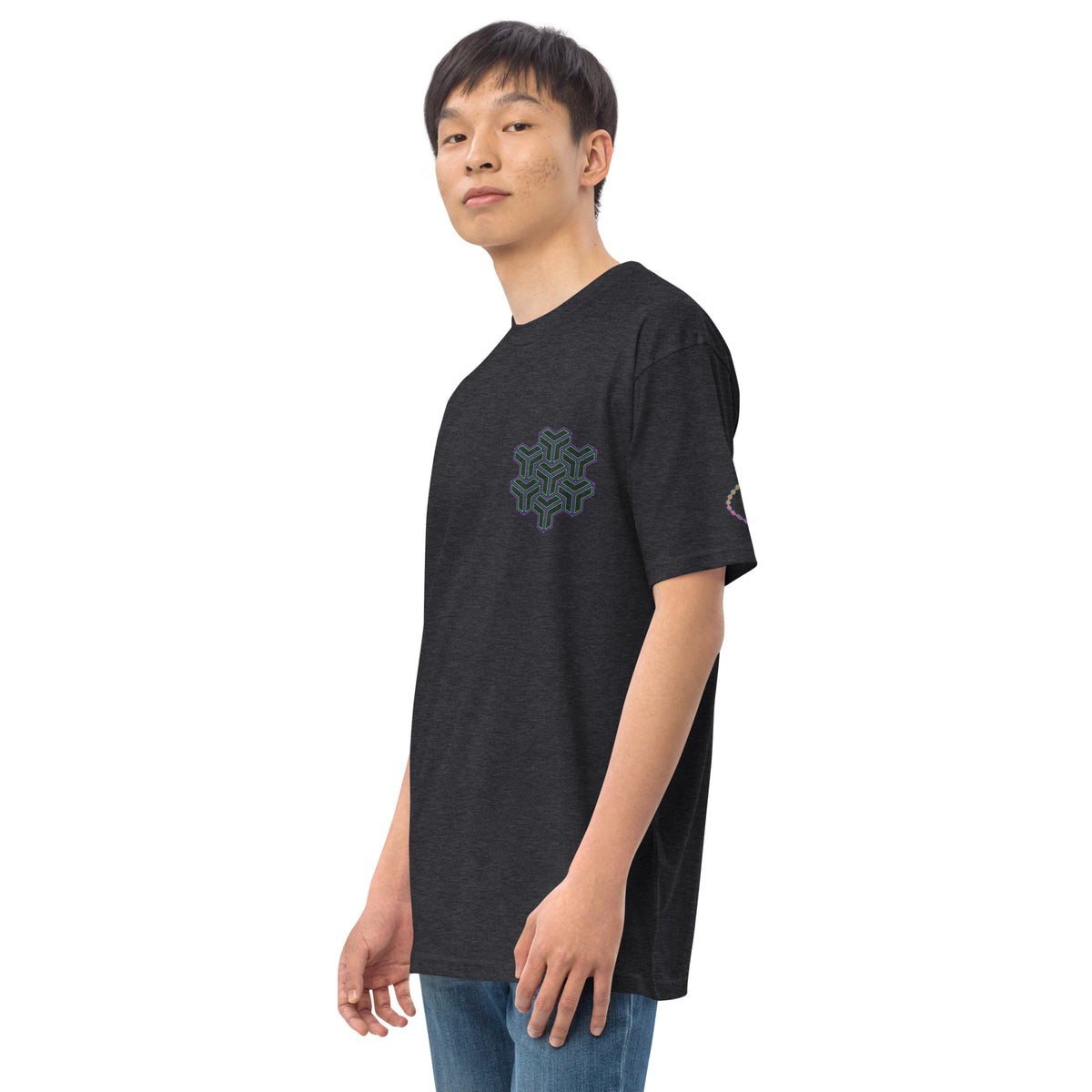 Neural Star Tree premium heavyweight t-shirt in Charcoal Heather, left front view on a model