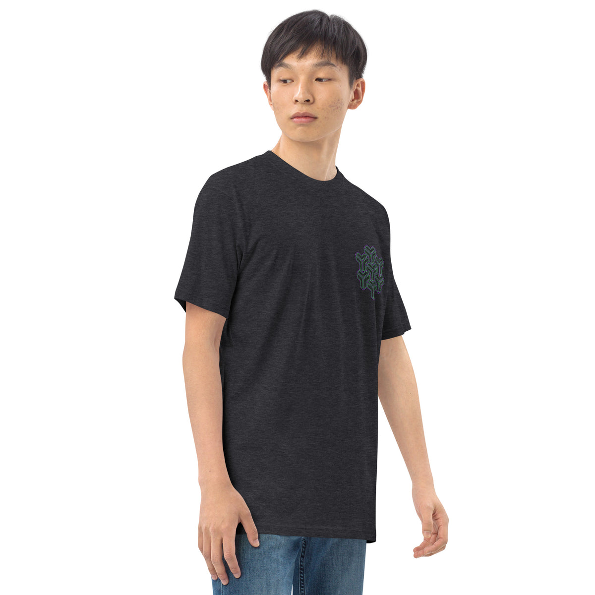 Neural Star Tree premium heavyweight t-shirt in Charcoal Heather, right front view on a model