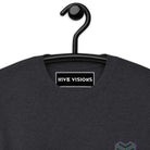 Neural Star Tree premium heavyweight t-shirt in Charcoal Heather, close-up: the HIVE VISIONS neck label