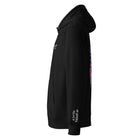 Once Upon a Trip hoodie, Black, left sleeve "a little folked up" embroidery
