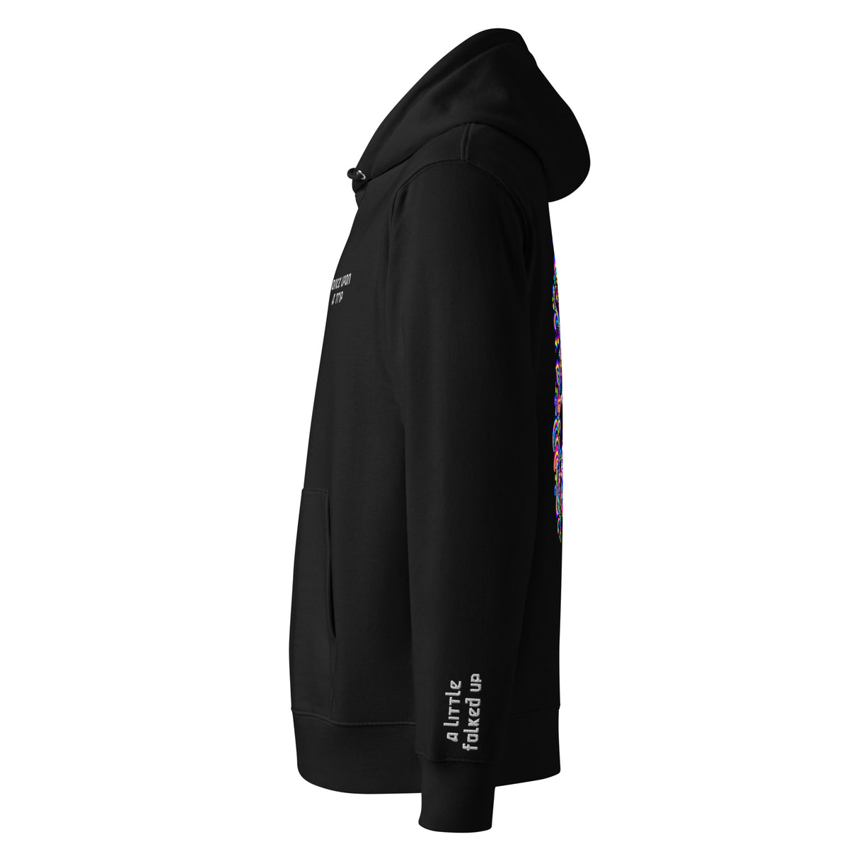 Once Upon a Trip hoodie, Black, left sleeve "a little folked up" embroidery