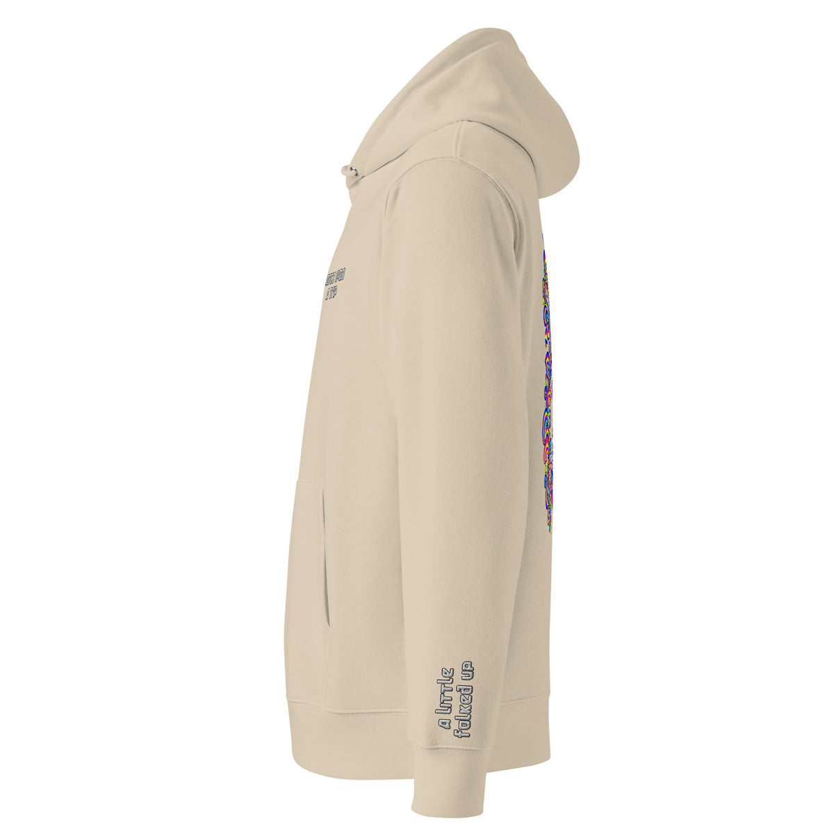 Once Upon a Trip hoodie, Desert Dust, left sleeve "a little folked up" embroidery
