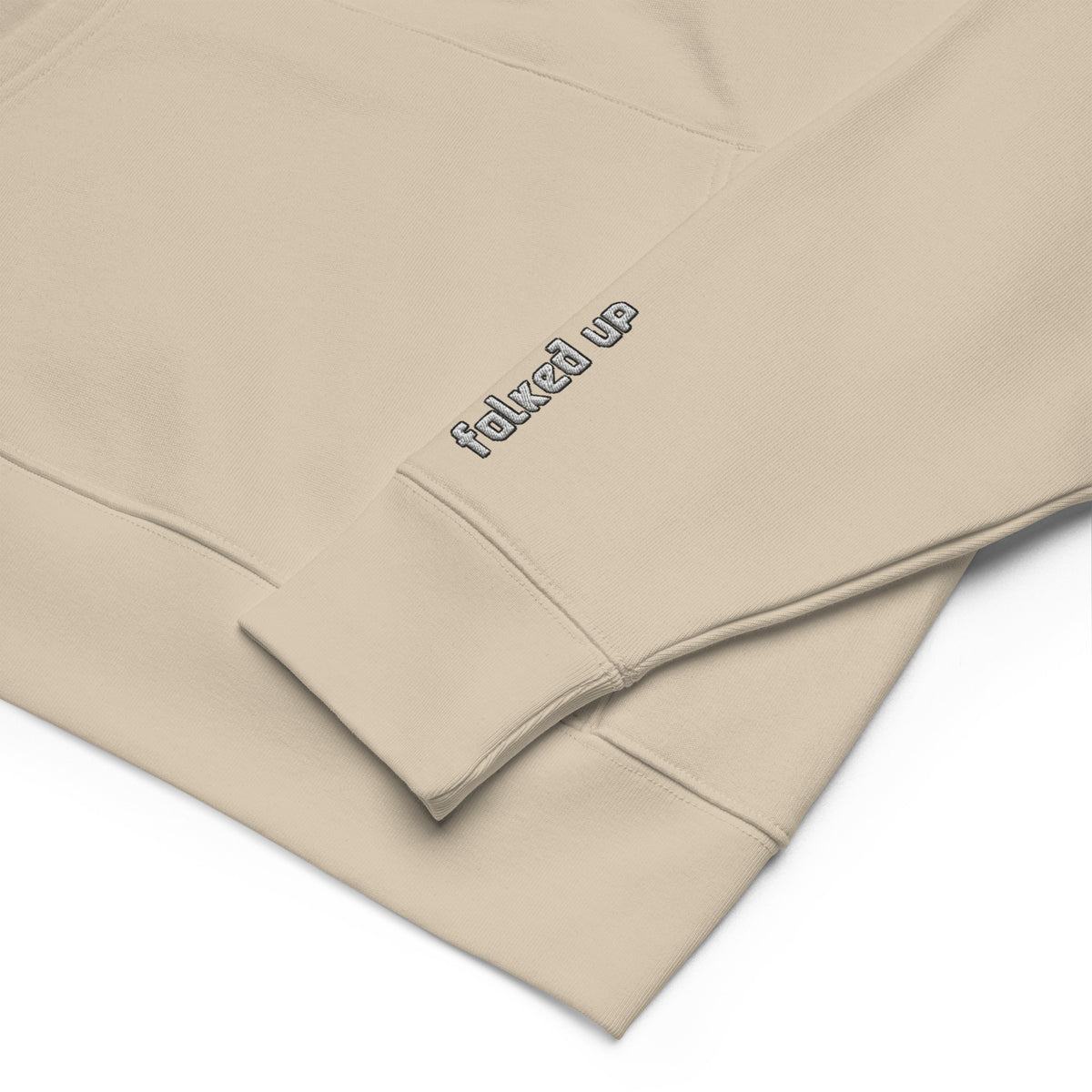 Once Upon a Trip hoodie, Desert Dust, sleeve embroidery close-up