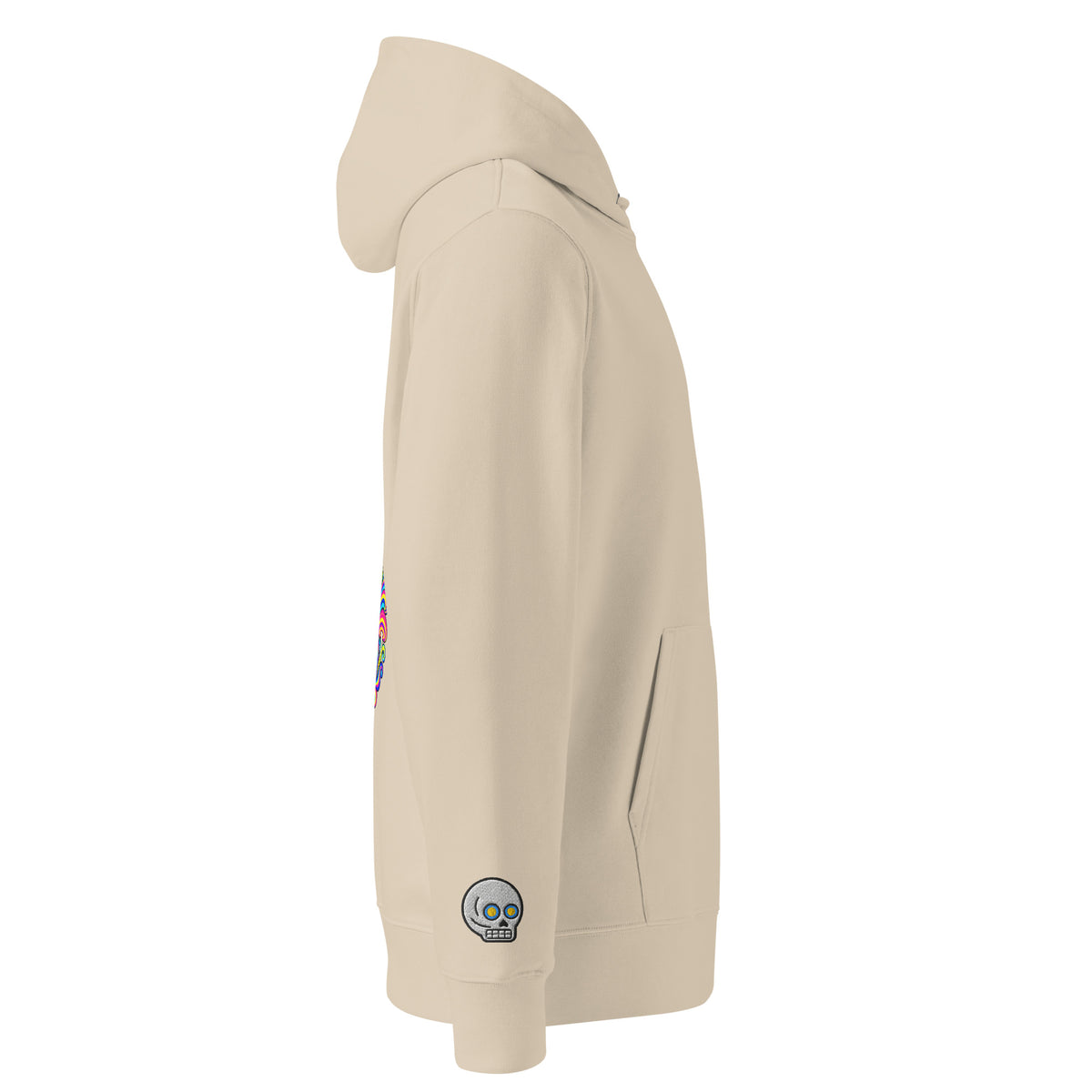 Once Upon a Trip hoodie, Desert Dust, right sleeve skull embroidery