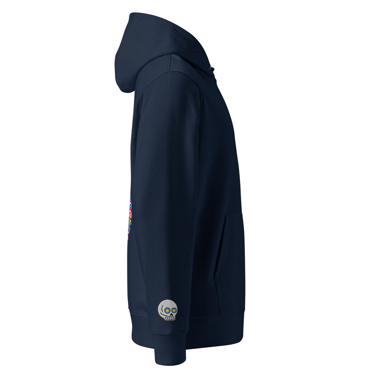 Once Upon a Trip hoodie, French Navy, right sleeve skull embroidery