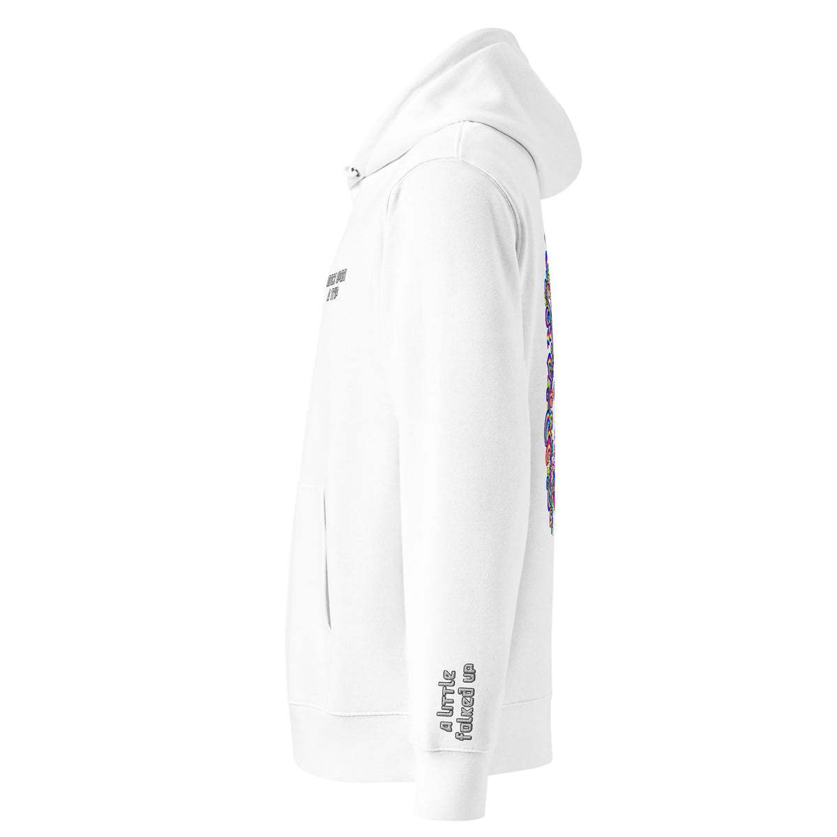Once Upon a Trip hoodie, White, left sleeve "a little folked up" embroidery