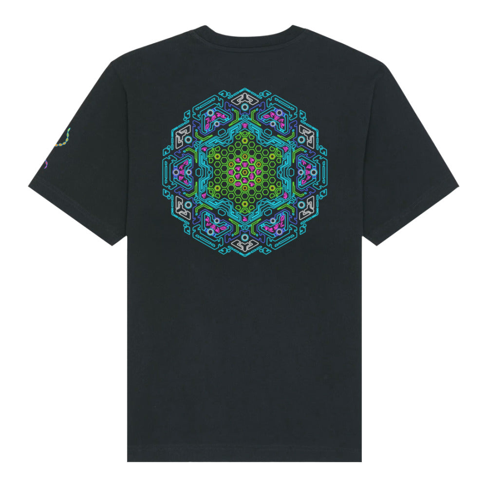 Neural Tree heavyweight cotton t-shirt in Black, back view: the Neural Program mandala across the back