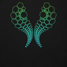 Hexa unisex cotton hoodie in Black, back detail: two mirrored hexagon arcs, each with a ringed circle, green to turquoise