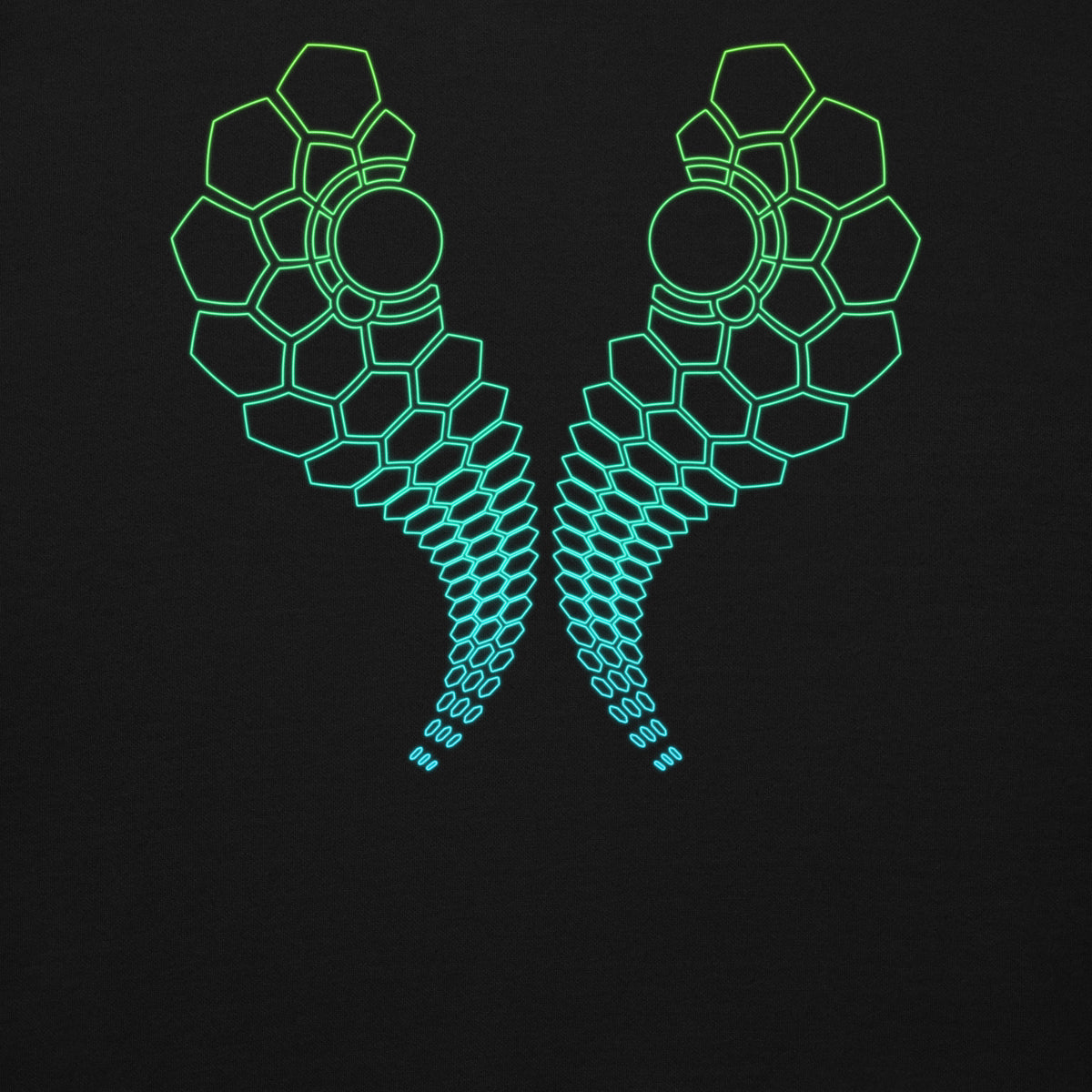 Hexa unisex cotton hoodie in Black, back detail: two mirrored hexagon arcs, each with a ringed circle, green to turquoise