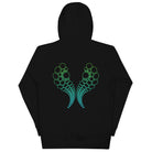 Hexa unisex cotton hoodie in Black, back view: two mirrored arcs of hexagon cells across the upper back