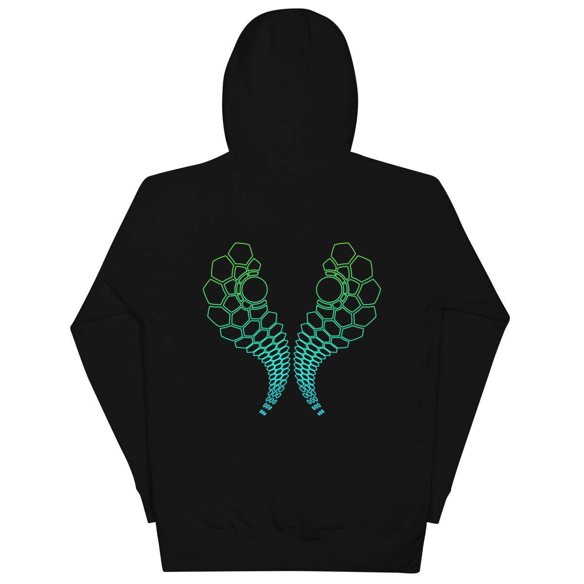 Hexa unisex cotton hoodie in Black, back view: two mirrored arcs of hexagon cells across the upper back