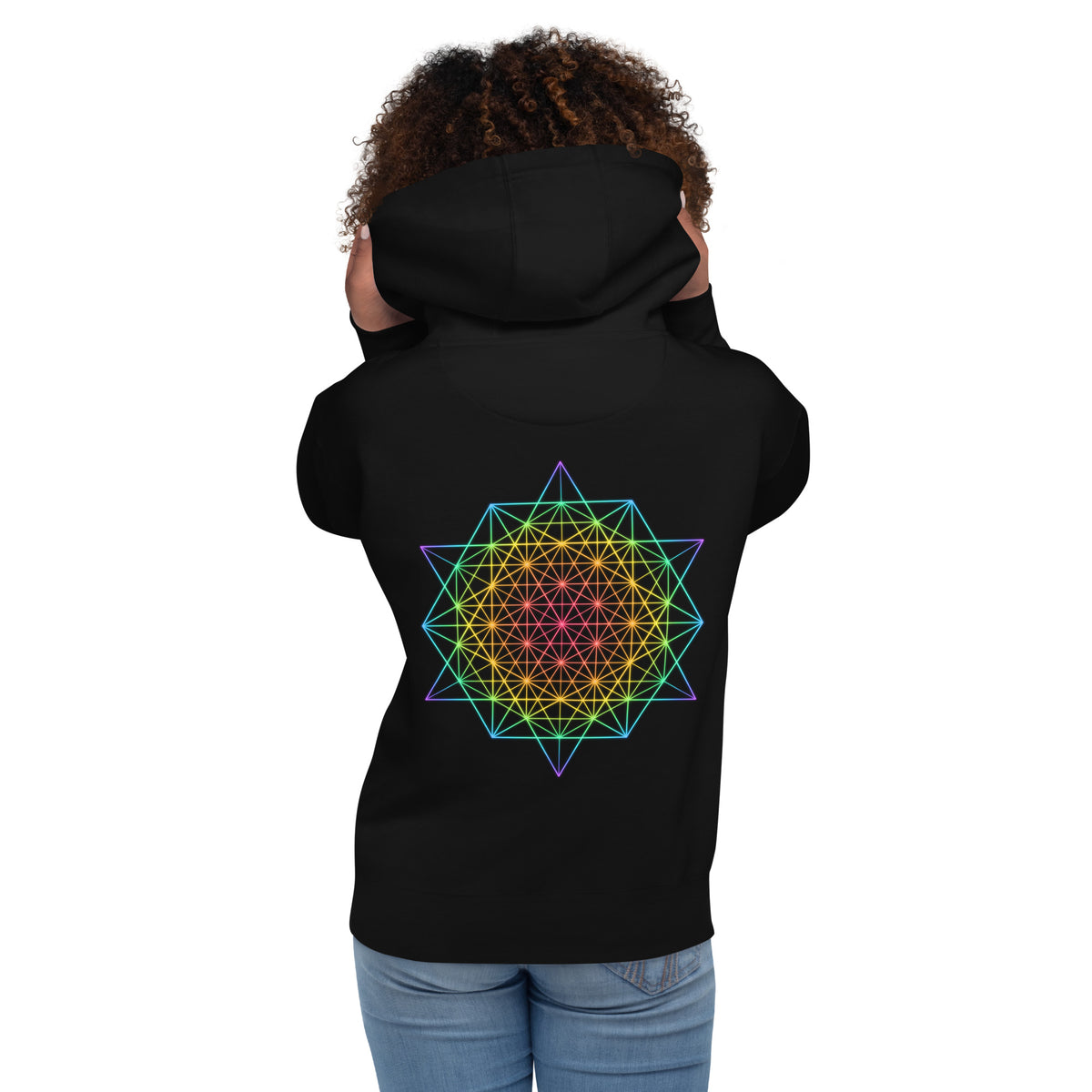 DNA Matrix unisex cotton hoodie in Black, back view on a model: six-pointed star filled with a line grid