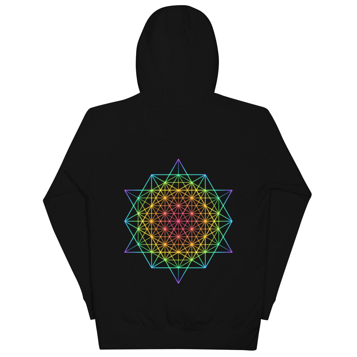 DNA Matrix unisex cotton hoodie in Black, back view: six-pointed star grid from violet tips to a pink centre