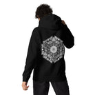 GeoDNA B&W unisex cotton hoodie in Black, back view on a model: large white hexagon of cubes and hexagon cells