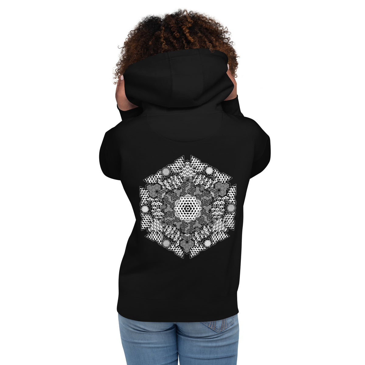 GeoDNA B&W unisex cotton hoodie in Black, back view on a model: white hexagon around a centre of hexagonal holes