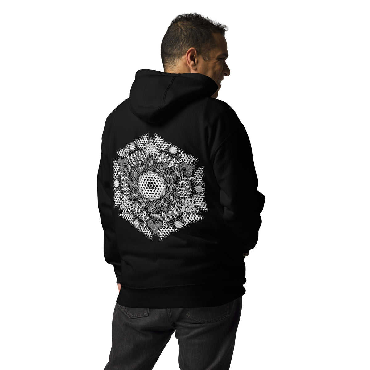 GeoDNA B&W unisex cotton hoodie in Black, back view on a model turning: white hexagon of cubes and cells