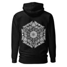 GeoDNA B&W unisex cotton hoodie in Black, back view: white hexagon of cubes around a centre of hexagonal holes