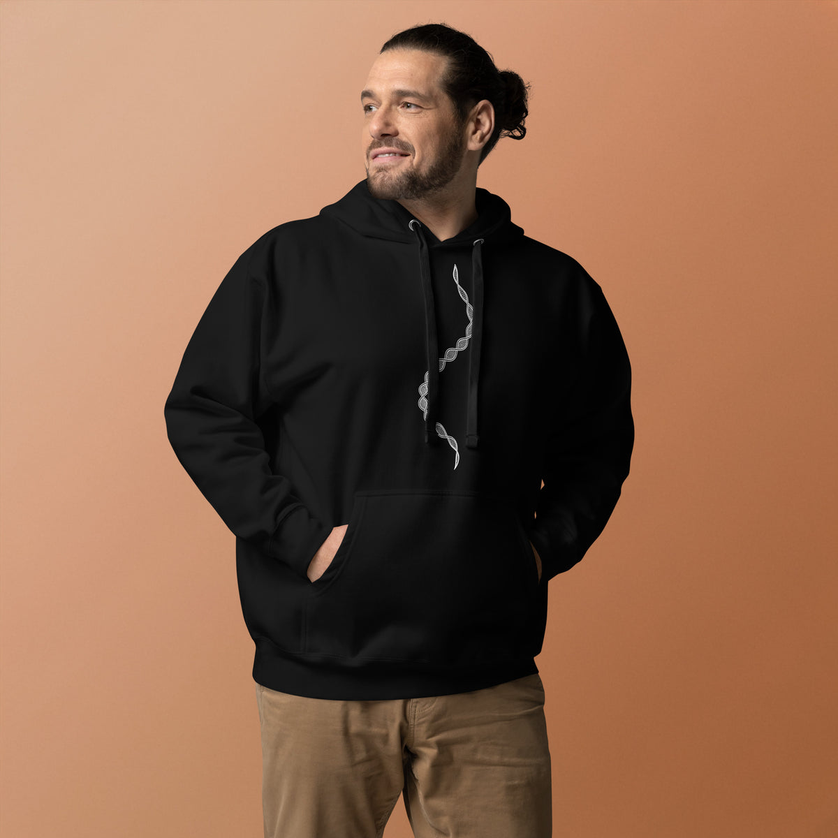 GeoDNA B&W unisex cotton hoodie in Black, front view on a model: white double helix down the chest