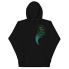 Hexa unisex cotton hoodie in Black, front view: hexagon cells shrinking into a curving tail above the pouch pocket