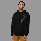 Hexa unisex cotton hoodie in Black, front view on a model: green to turquoise hexagon arc on the left chest