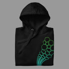Hexa unisex cotton hoodie in Black, folded, detail: large green hexagon cells and a circle on the left chest