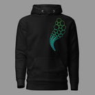 Hexa unisex cotton hoodie in Black, front view: one arc of hexagon cells on the left chest, green to turquoise