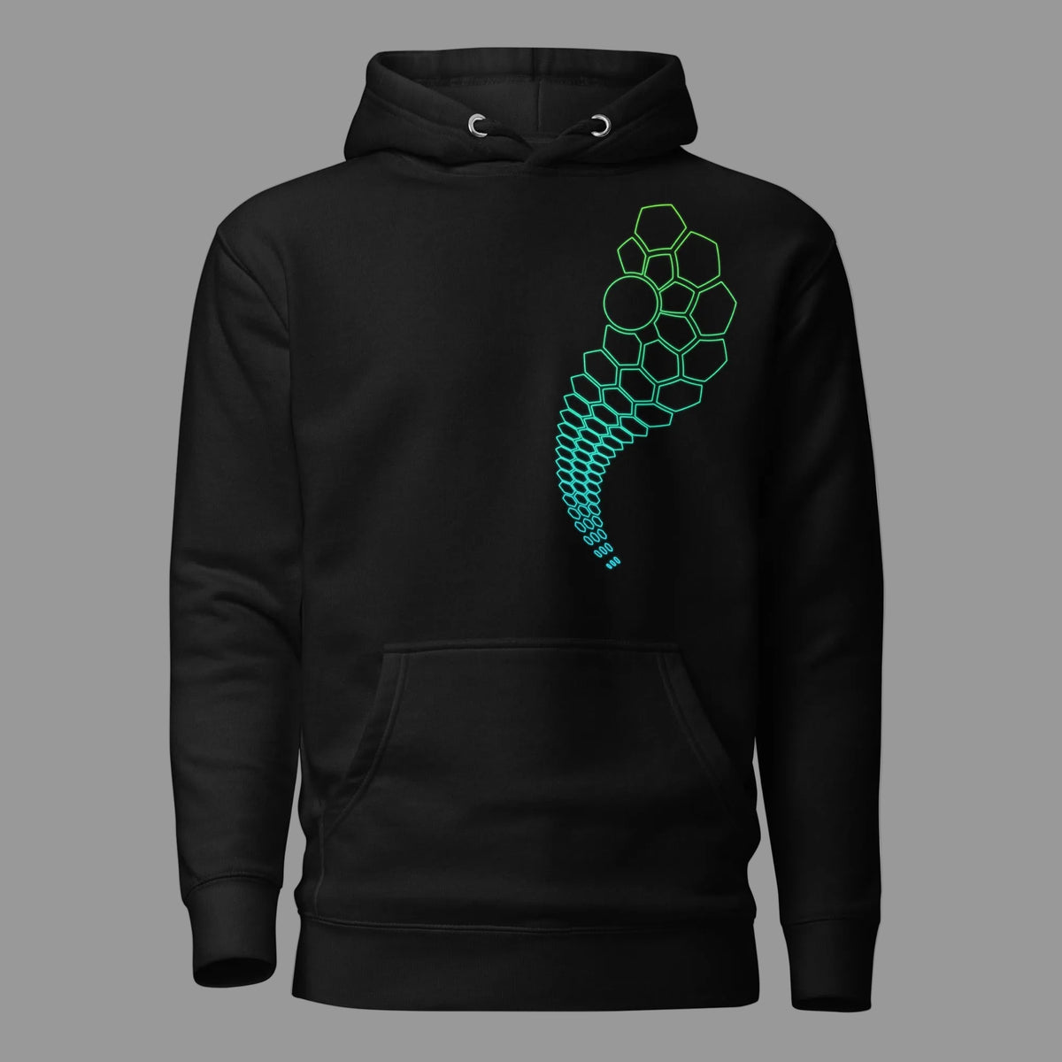 Hexa unisex cotton hoodie in Black, front view: one arc of hexagon cells on the left chest, green to turquoise