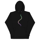 DNA Matrix unisex cotton hoodie in Black, front view: double helix in turquoise, yellow, orange and violet