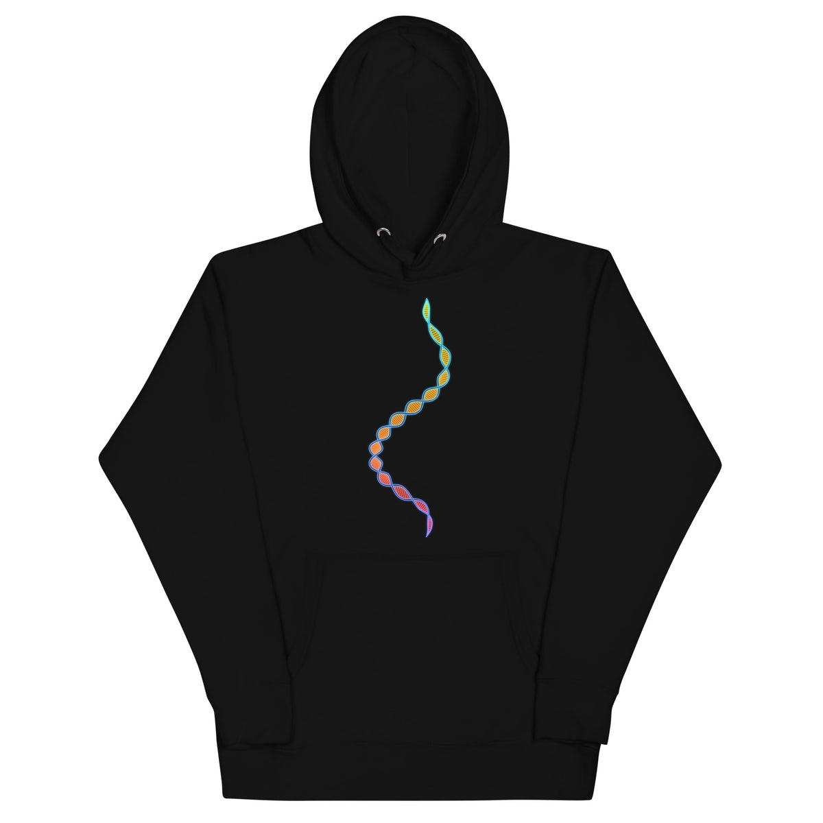 DNA Matrix unisex cotton hoodie in Black, front view: double helix in turquoise, yellow, orange and violet