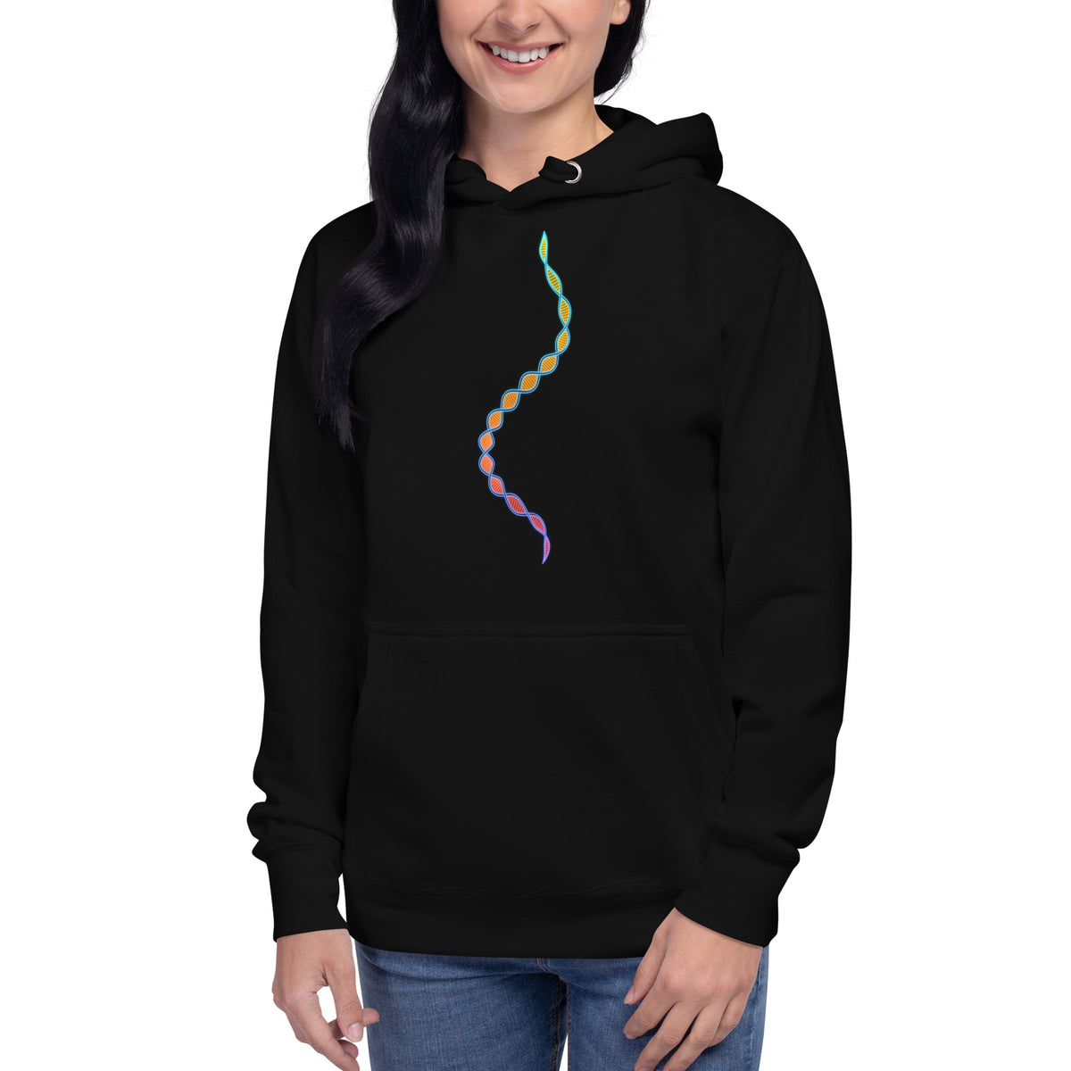 DNA Matrix unisex cotton hoodie in Black, front view on a model: multicolour double helix in an S-curve