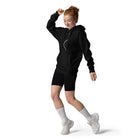 DNA Matrix unisex cotton hoodie in Black, front view on a dancing model: helix partly behind the drawstrings