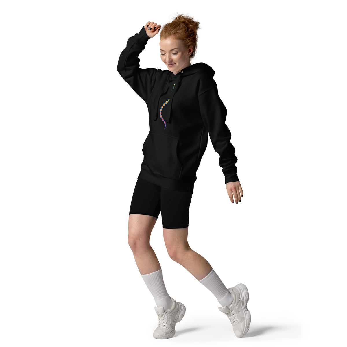 DNA Matrix unisex cotton hoodie in Black, front view on a dancing model: helix partly behind the drawstrings