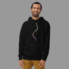DNA Matrix unisex cotton hoodie in Black, front view on a model: multicolour double helix down the chest