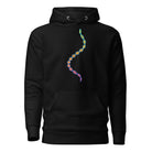 DNA Matrix unisex cotton hoodie in Black, front view: double helix in turquoise, blue, orange, red and violet