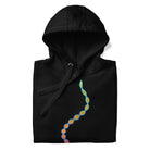 DNA Matrix unisex cotton hoodie in Black, folded, detail: upper helix with turquoise outline and orange fill