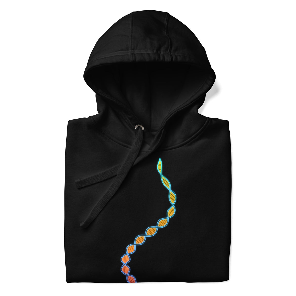 DNA Matrix unisex cotton hoodie in Black, folded, detail: upper helix with turquoise outline and orange fill