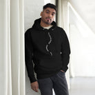 GeoDNA B&W unisex cotton hoodie in Black, front view on a model: white double helix behind the drawstrings