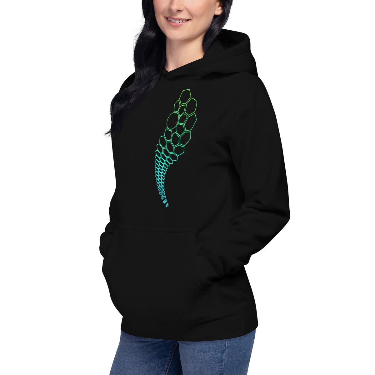 Hexa unisex cotton hoodie in Black, left front view on a model: green to turquoise hexagon arc on the left chest
