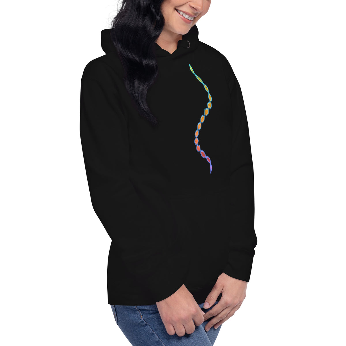 DNA Matrix unisex cotton hoodie in Black, right front view on a model: turquoise, orange and red double helix