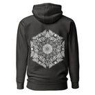 GeoDNA B&W unisex cotton hoodie in Charcoal Heather, back view: large white hexagon of cubes and hexagon cells