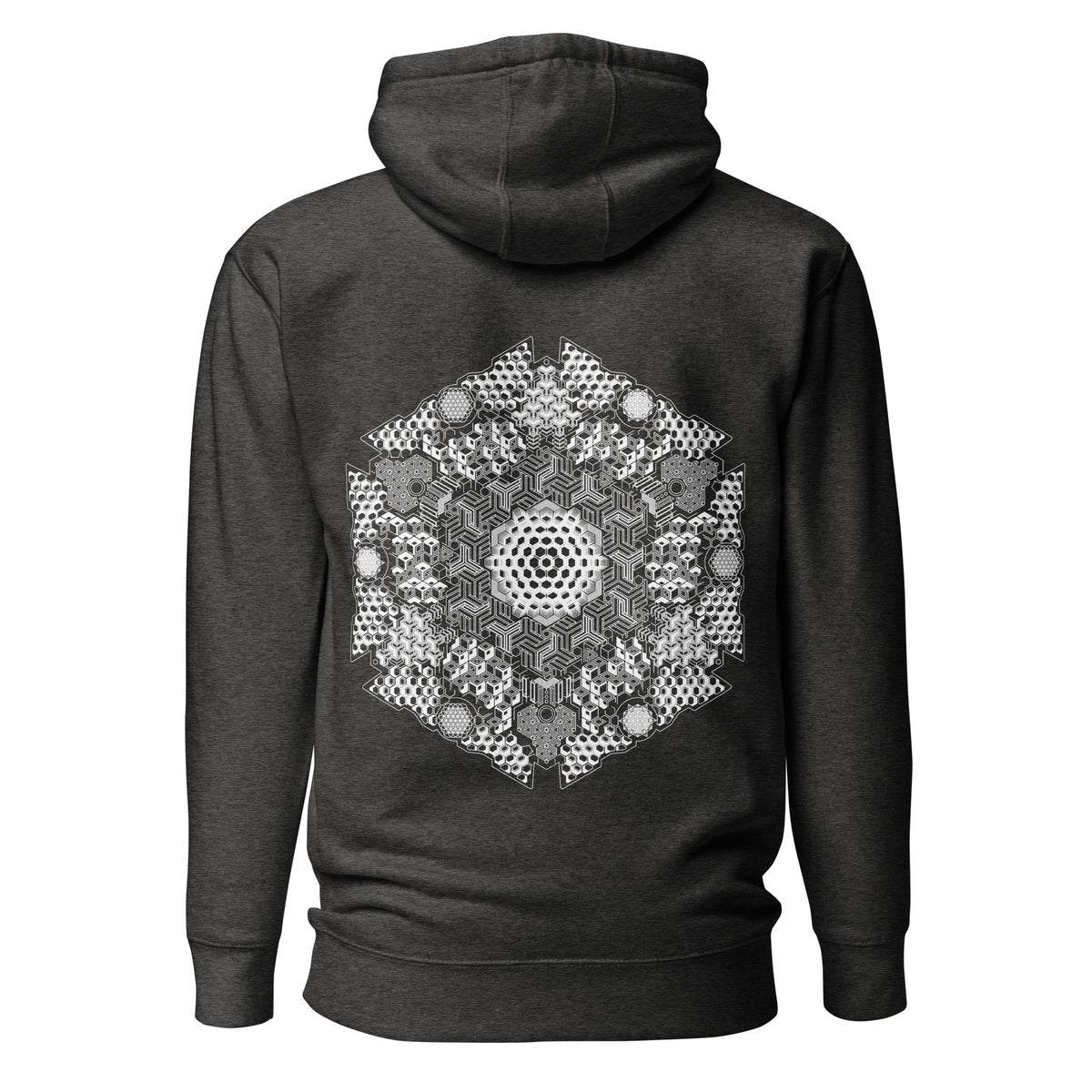 GeoDNA B&W unisex cotton hoodie in Charcoal Heather, back view: large white hexagon of cubes and hexagon cells